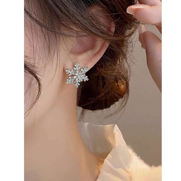 Silver Tone Snowflake Stud Earrings - Picture 3 of 7